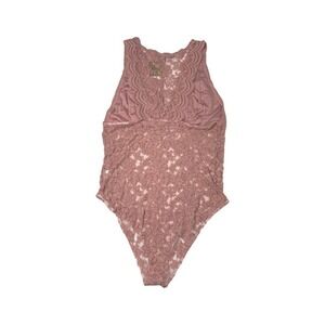 Sheer Lace Bodysuit Rose Pink V Neck Sleeveless Womens Large NWT
